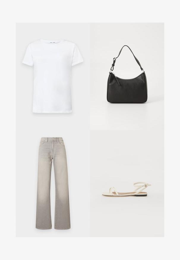 Hvit kortermet t-skjorte laget av bomull med rund hals-design. Glatt tekstur og rett snitt, uten mønstre eller detaljer.; Grå vide ben jeans med en falmet finish, knaplukning, fem-lomme design og stikninger langs sømmen.; Flate sandaler i kremfarget skinn med tynne kryssremmer, ankelsremsbånd med spenne, minimalistisk design og en kontrasterende svart såle.; Svart lærveske med en buet form, en enkelt stropp, glidelåslukking og subtil merkevarebygging på forsiden. Glatt tekstur, minimalistisk design.