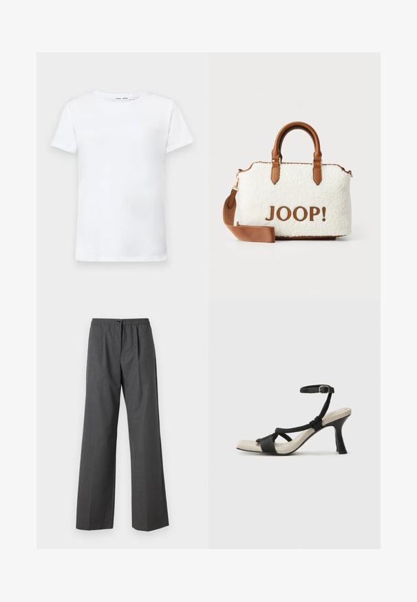 Balta trumpa medvilninė marškinėlių su apvalia iškirpte. Lygus paviršius ir tiesus kirpimas, be raštų ar akcentų.; Pilki plačios džinsinės kelnės su tekstūruotu paviršiumi, turinčios mygtuko užsegimą ir elastinę juosmenį patogumui. Papuoštos raukšlėmis.; Juodų aukštakulnių sandalų su pintu dirželiu dizainas, kvadratine nosimi ir reguliuojamu kulkšnies dirželiu. Šviesiai bežė padas su blizgiu juodu kulnu.; Balta pūkuota rankinė su rudos odos akcentais ir rankenomis. Puošia rudos spalvos „JOOP!“ logo. Apima nuimamas petnešas.