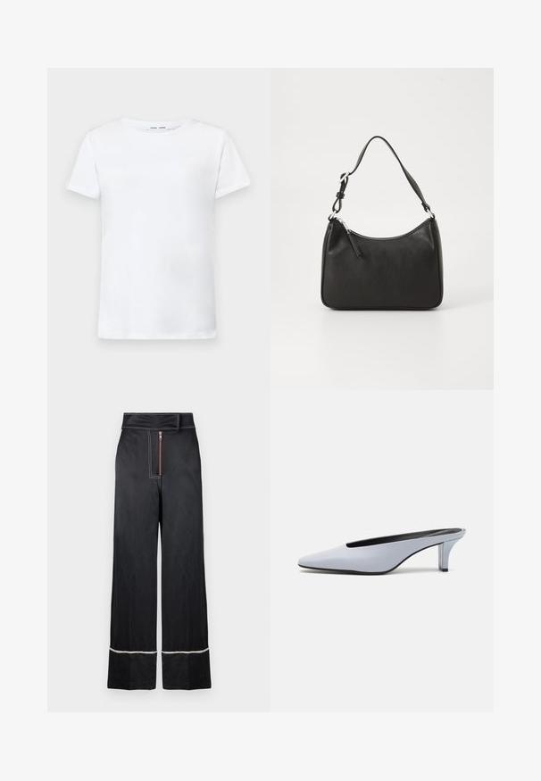 White short-sleeve t-shirt made of cotton with a crew neck design. Smooth texture and straight cut, no patterns or accents.; Black wide-leg trousers with a high waist, featuring a front zip closure and contrasting white stitching along the hem and sides.; Light blue patent leather mule with a pointed toe, low transparent heel, and a sleek design featuring a cut-out at the vamp.; Black leather handbag with a curved shape, a single strap, zip closure, and subtle branding on the front. Smooth texture, minimalist design.