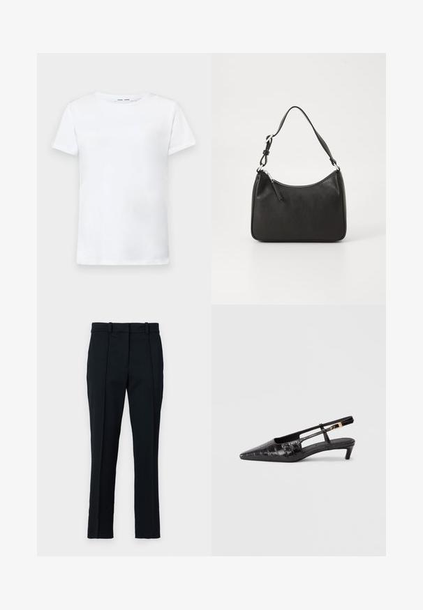 Hvid kortærmet t-shirt lavet af bomuld med rund hals. Glat tekstur og lige snit, ingen mønstre eller detaljer.; Sorte bukser lavet af et glat stof, med flad front, to forPlejter og en klassisk pasform med bæltestropper.; Sort læder slingback sko med spidse tæer og krokodillemønster, lille stablet hæl og justerbar rem med metal spænde detaljer.; Sort læderhåndtaske med en buet form, en enkelt rem, lynlås lukning og diskret branding på forsiden. Glat tekstur, minimalistisk design.