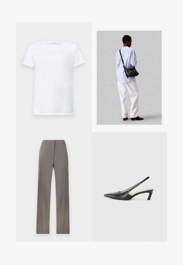 Fehér, rövid ujjú póló, pamutból készült, kerek nyakkivágással. Sima textúrájú, egyenes vonalú, minta vagy díszítés nélkül.; Szürke, egyenes szárú, fazonra szabott nadrág lapos első résszel és finom textúrával. Puha anyag és normál derékpánt övhurkokkal.; Fekete, hegyes orrú, slingback cipő alacsony sarkával, sima bőrből készült, oldalt kivágott deisgnal a légáteresztőképesség érdekében.; Fekete bőr válltáska puha tapintással, háromszög alakú, állítható pánttal, világoskék csíkos inggel és fehér nadrággal párosítva.