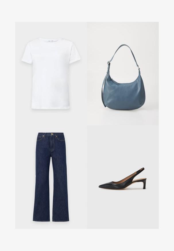 Balta trumpa medvilninė marškinėlių su apvalia iškirpte. Lygus paviršius ir tiesus kirpimas, be raštų ar akcentų.; Tamsiai mėlynos plačios kojų džinsai, pagaminti iš džinsinio audinio. Yra sagos uždarymas, priekiniai kišeniai ir kontrastingi siūlai. Švarus, klasikinis dizainas.; Juodas odinis šliuurkastukas su smailiu pirštu, žemu kulnu ir glotnia tekstūra. Turi ploną reguliuojamą dirželį patogiam prigludimui.; Mėlyna odinė rankinė su apvalia forma, viena petneša, užtrauktuku ir iškilmingu prekės ženklu priekyje. Lygi tekstūra.