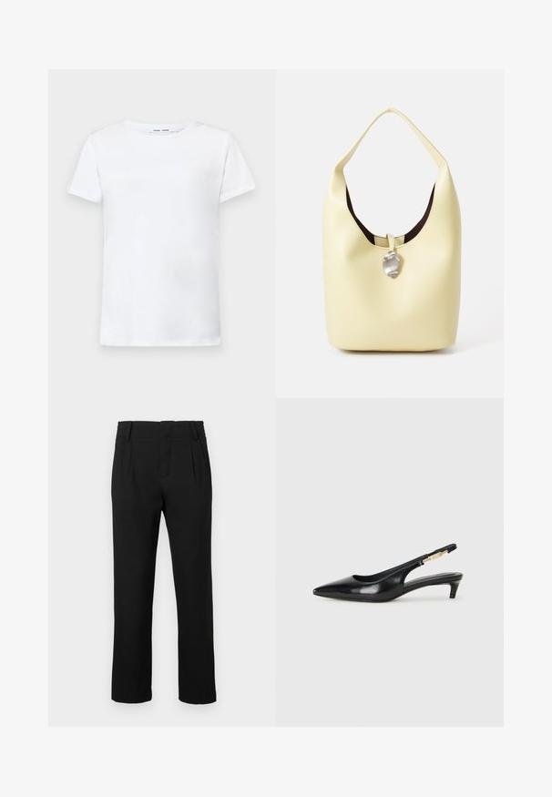 Hvit kortermet t-skjorte laget av bomull med rund hals-design. Glatt tekstur og rett snitt, uten mønstre eller detaljer.; Sorte straight-leg bukser med bæltestropper, sidelommer og frontfolder, præsenteret mod en simpel hvid baggrund.; Sorte lærreim hæler med spiss tå, som har en slank hæl og en gullfarget detalj på den justerbare stroppen. Glatt tekstur.; Hobo veske i myk gul lær med en avrundet form. Har en glatt overflate, mørk innvendig fôr og et sølvfarget detalj ved lukking.