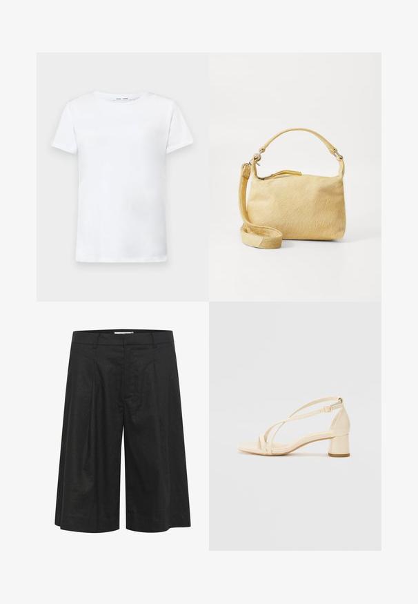 Hvit kortermet t-skjorte laget av bomull med rund hals-design. Glatt tekstur og rett snitt, uten mønstre eller detaljer.; Svarte bukser med løs, vid benform, plisserte front og glatt tekstur. Laget av lett stoff. Passer i midjen.; Beige hæl-sandaler med blokhæl, rem-design og justerbar ankelrem, lavet af glat syntetisk materiale med mat finish.; Gul faux fur håndveske med en glatt tekstur, avrundet form, enkelt håndtak og en lang justerbar stropp. Har en topp glidelås lukking.