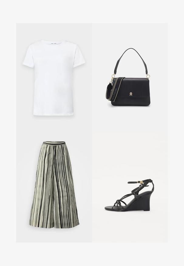 Fehér, rövid ujjú póló, pamutból készült, kerek nyakkivágással. Sima textúrájú, egyenes vonalú, minta vagy díszítés nélkül.; Tejfehér, széles lábú nadrág függőleges fekete csíkokkal. Rugalmas derékrésszel és puha anyagtextúrával rendelkezik, ami légies sziluettet alkot.; Fekete wedge szandálok vékony, keresztbe futó pántokkal és állítható bokapánttal, arany csattal. Simább bőrfelület.; Fekete, téglalap alakú bőr kézitáska, felül fogantyúval és levehető, márkás anyagú vállpánttal, kis arany logóval az elülső fedélen.