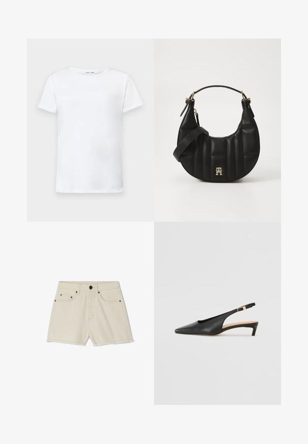 Valkoinen lyhythihainen t-paita, joka on valmistettu puuvillasta ja jossa on pyöreä kaula-aukko. Tasainen pinta ja suora leikkaus, ilman kuvioita tai koristeita.; Farkkushortsit off-white väriin, joissa on repaleinen helma, viisi taskua ja metalliset yksityiskohdat. Klassinen vyötärö ja rento istuvuus.; Musta nahkainen slingback-korkokenkä, jossa on terävä nenä, matala korko ja säädettävä nilkkarengas, jossa on kultasävyinen solki. Suora pinta.; Musta nahkalaukku, jossa on kaareva muoto, tikattu pinta ja kultaiset yksityiskohdat. Varustettu irrotettavalla olkahihnalla ja logopotkalla.