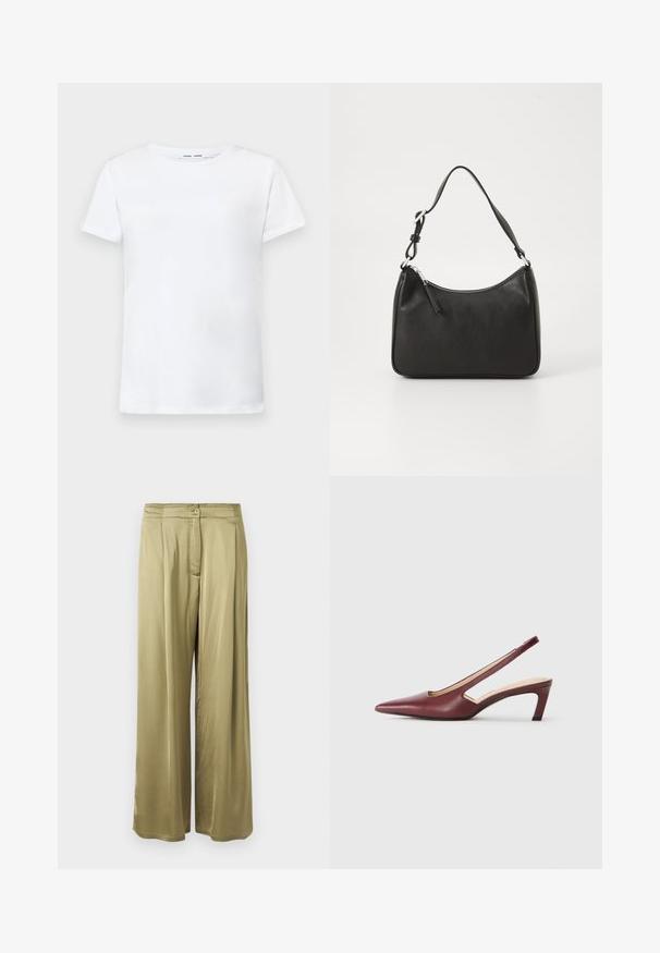 Hvid kortærmet t-shirt lavet af bomuld med rund hals. Glat tekstur og lige snit, ingen mønstre eller detaljer.; Olivenfarvede, brede bukser lavet af glat stof, med knaplukning foran og plisserede detaljer i taljen.; Bordeaux slingback hæle med spids tå, udskæringsdetaljer på siden og en midt-høj blokhæl. Glat læderfinish.; Sort læderhåndtaske med en buet form, en enkelt rem, lynlås lukning og diskret branding på forsiden. Glat tekstur, minimalistisk design.