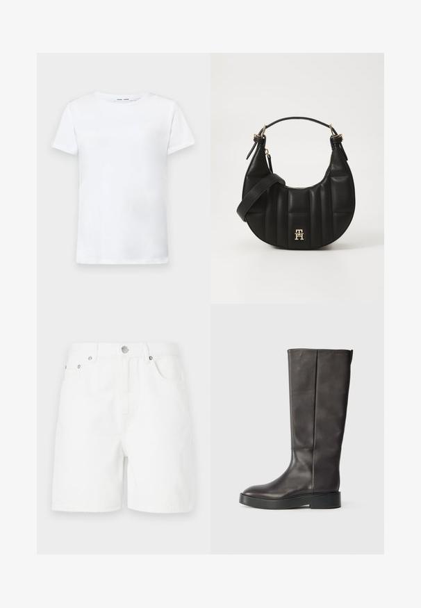 Fehér, rövid ujjú póló, pamutból készült, kerek nyakkivágással. Sima textúrájú, egyenes vonalú, minta vagy díszítés nélkül.; Fehér farmer sort egyenes fazonnal, elülső zsebekkel és gombos záródással. Az anyaga sima textúrájú, és nincs rajta látható minta.; Fekete, térd felett érő bőr csizma vastag talppal és diszkrét Calvin Klein logóval a felső széle közelében, oldalnézetből bemutatva.; Fekete bőrtáska ívelt formával, steppelt textúrával és arany hardware-rel. Levehető vállpánttal és logó részlettel rendelkezik.