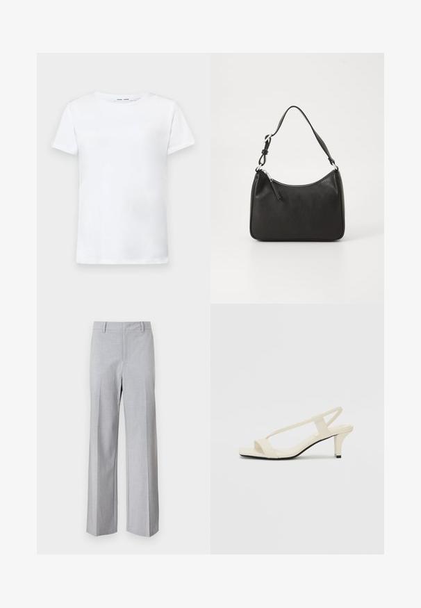 Balta trumpa medvilninė marškinėlių su apvalia iškirpte. Lygus paviršius ir tiesus kirpimas, be raštų ar akcentų.; Šviesiai pilki kelnių, pasižyminčių pritaikytu dizainu, plačiomis kojomis, lygiu paviršiumi ir priekinėmis raukšlėmis. Nėra matomų kišenių ar įrangos detalių.; Kreminės blokų kulno šlepetės su plonomis dirželiais ir kvadratiniu pirštu. Lygus medžiaga su minimaliais akcentais, sukurtos lengvam dėvėjimui.; Juoda odinė rankinė su išlenkta forma, viena dirželiu, užtrauktuko uždarymu ir subtiliu ženklinimu priekyje. Lygus paviršius, minimalistinis dizainas.