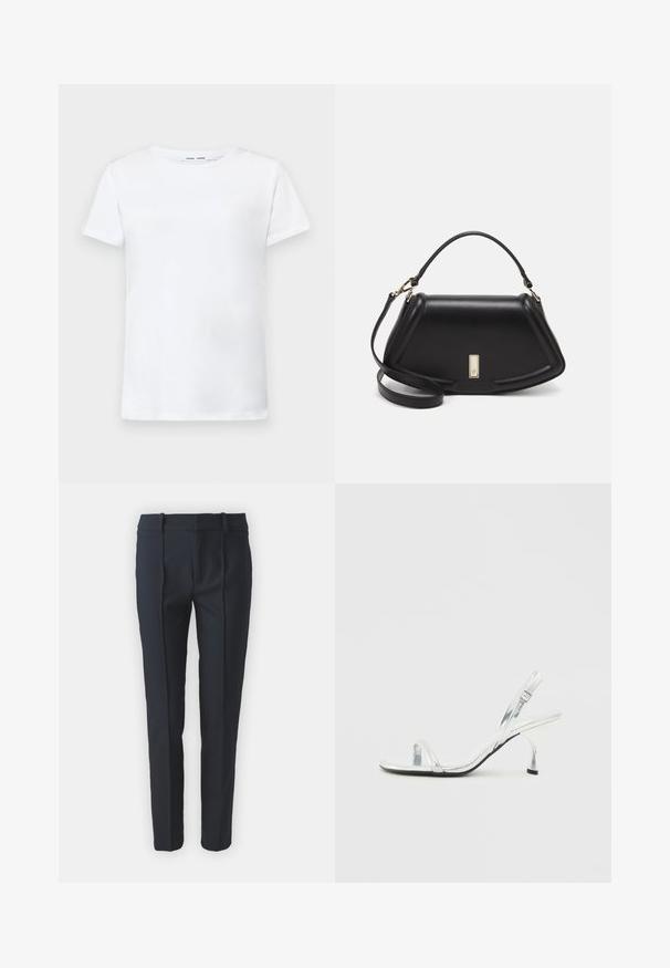 Witte korte mouwen t-shirt van katoen met een ronde hals. Soepele textuur en rechte snit, zonder patronen of accenten.; Navyblauwe op maat gemaakte broeken met een gladde textuur, voorzien van voorplooien, riemlussen en een rechte snit, gemaakt van een lichte stof.; Zilveren gepatineerde leren slingback sandalen met hoge hak, een smalle teband, een verstelbare gesp en een slanke hak.; Zwarte leren handtas met een gestructureerd ontwerp, featuring een verkorte vorm, bovenhandvat en gouden hardwareaccent. Inclusief verstelbare schouderband.