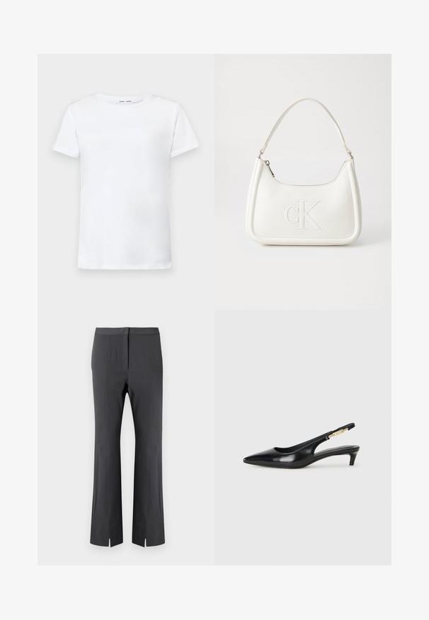 Hvit kortermet t-skjorte laget av bomull med rund hals-design. Glatt tekstur og rett snitt, uten mønstre eller detaljer.; Svarte bukser med smal passform, laget av glatt materiale, med frontpress og sidesliss ved kanten for ekstra design.; Sorte lærreim hæler med spiss tå, som har en slank hæl og en gullfarget detalj på den justerbare stroppen. Glatt tekstur.; Hvit lærveske med en buet fasong, med et preget "CK"-logo på forsiden og en enkel skulderstropp. Glidelåslukking på toppen.