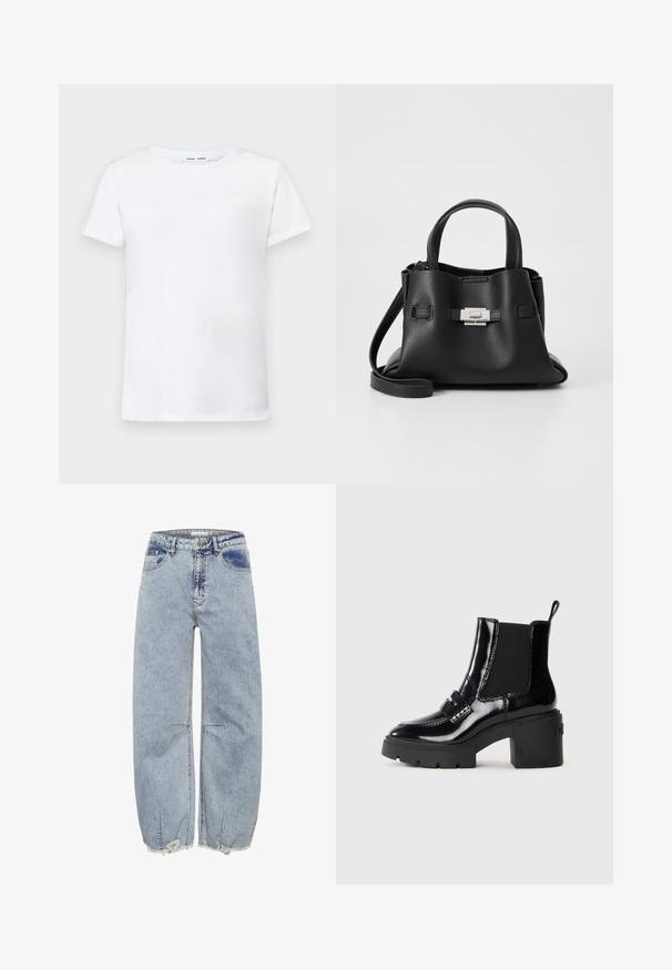 Valkoinen lyhythihainen t-paita, joka on valmistettu puuvillasta ja jossa on pyöreä kaula-aukko. Tasainen pinta ja suora leikkaus, ilman kuvioita tai koristeita.; Vaaleansiniset farkut rentoa mallia, joissa on repaleiset lahkeet ja ristipistoyksityiskohtia lisätekstuurin ja mielenkiintoisen muotoilun vuoksi.; Musta patenttisaapas nilkkapituisella, paksulla korolla, venyvä sivupaneeli, koristeellinen hihna ja kontrastiväriset ompeleet. Sileä pinta, joka tuo kiiltävän viimeistelyn.; Mustat nahkaa oleva käsilaukku, jossa on teksturoitu pinta, kaksi yläkahvaa, irrotettava olkahihna ja hopeinen solk yksityiskohta.