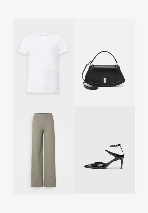 Hvid kortærmet t-shirt lavet af bomuld med rund hals. Glat tekstur og lige snit, ingen mønstre eller detaljer.; Bredbuks i lysegrå materiale, med elastisk talje og glat tekstur, uden synlige mønstre eller hardware.; Sorte laklæderhæle med spids tå, justerbare ankelstropper og en slank hæl. Glat tekstur med en skinnende finish.; Sort læderhåndtaske med en struktureret design, der har en kortet form, tophåndtag og guld hardware-accenter. Justerbar skulderrem inkluderet.