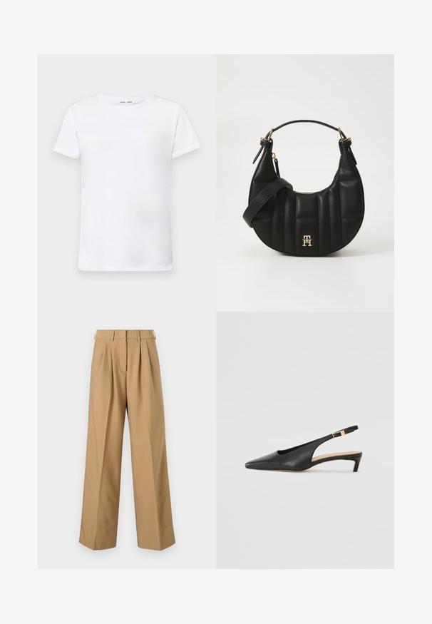 White short-sleeve t-shirt made of cotton with a crew neck design. Smooth texture and straight cut, no patterns or accents.; Beige cotton trousers with a high waist, pleated front, wide legs, and a smooth texture. Features standard waistband and belt loops.; Black leather slingback heel with a pointed toe, low heel, and an adjustable ankle strap featuring a gold-tone buckle. Smooth texture.; Black leather handbag with a curved shape, quilted texture, and gold hardware. Features a detachable shoulder strap and logo detail.