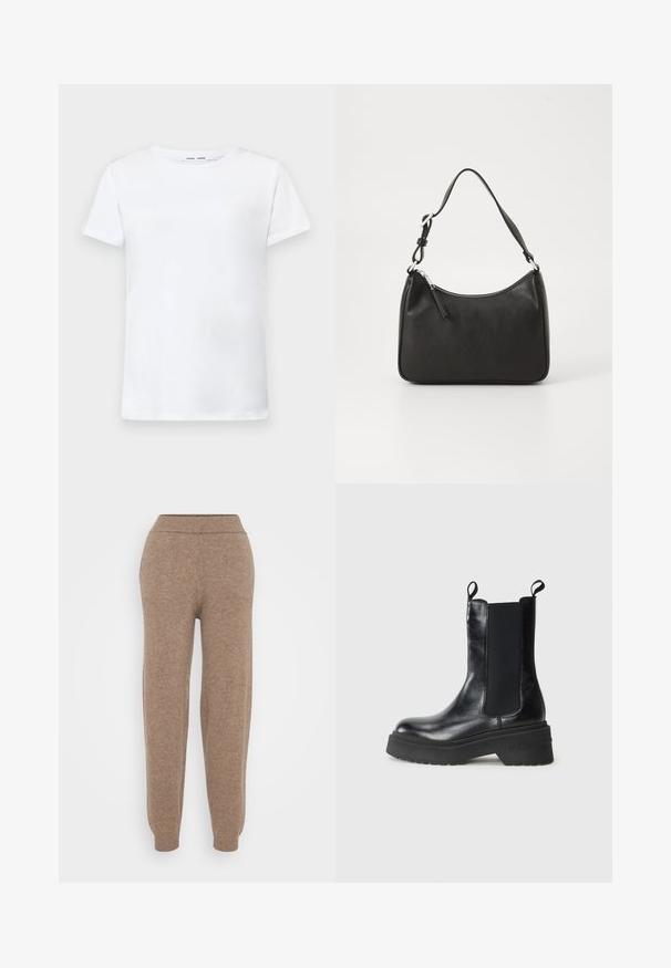 Bela kratka majica s kratkimi rokavi iz bombaža z obliko okroglega izreza. Gladka struktura in raven kroj, brez vzorcev ali dodatkov.; Rjave pletene trenerke z rebrastim pasom in manšeti, z nežno teksturo in zoženo zasnovo za sproščen fits.; Črne gležnjarje z elastičnimi stranskimi paneli in držali, ki imajo masiven podplat z napisom "TOMMY". Preprost, eleganten dizajn na beli podlagi.; Črna usnjena torba za roke s ukrivljenim oblikom, enim trakom, zadrgo in diskretnim blagovnim znamkom na sprednjem delu. Gladka tekstura, minimalističen dizajn.