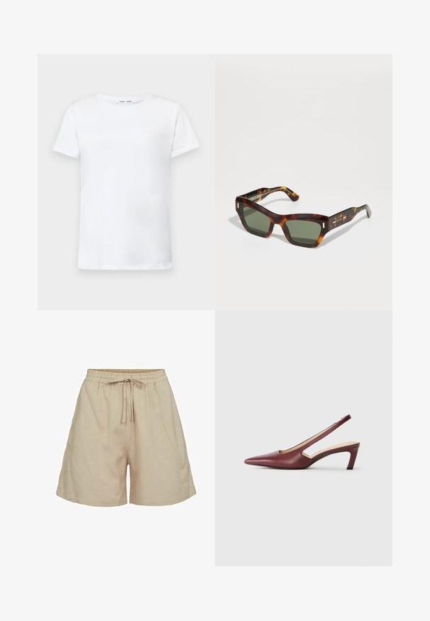 Balta īsām piedurknēm T-krekls, izgatavots no kokvilnas, ar apaļu kakla izgriezumu. Gluda tekstūra un taisna piegriezuma, bez rakstiem vai akcentiem.; Beigā, viegla auduma šorti ar elastīgu jostasvietu un auklu. Izvērsta piegriezuma un sānu kabatu īpašības. Gluda tekstūra.; Burgundijas krāsas slingback papēži ar norādītu purngalu, sānu izgriezumiem un vidēja auguma bloku papēdi. Gluda ādas apdare.; Tortīšu sarkstainas saulesbrilles ar taisnstūra zaļām lēcām. Bieza rāmja dizainā ir zelta akcenti uz tempļiem. Gluda tekstūra un stūrains dizains.