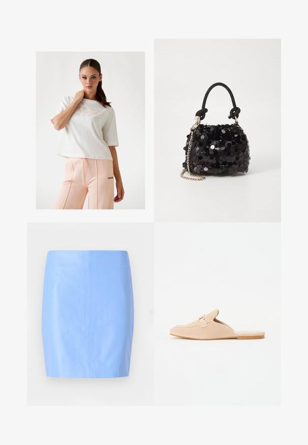 Bela skrajšana majica s kratkimi rokavi z logotipom "GUESS" v svetlo roza barvi, v kombinaciji s breskevasto trenirka, ki ima črn logotip na strani. Gladek bombažni material.; Svetlo modra mini krila iz gladkega, sijočega materiala s preprosto, prilegajočo obliko in brez vidnih vzorcev ali okrasnih elementov.; Bež semiš verski loafersi s zaprtim nosom, ki imajo dekorativen detajl s sponko in ravno plitvo podplatom iz plute. Gladka tekstura z minimalnim dizajnom.; Črna mini torbica s palčkami iz bleščic, z vozlanim teksturiranim trakom in srebrnima verigama. Okrogla oblika z nabranim vrhom in odsevnimi detajli.