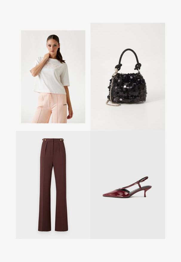 Bijela skraćena majica s ''GUESS'' logom u svijetlo ružičastoj, u kombinaciji s breskvastim trenirka hlačama s crnim logom sa strane. Glatka pamučna tekstura.; Smeđe široke hlače visokog struka s prednjim naborima i zlatnim gumbima na podesivim remenima.; Sjajna burgundska kožna cipela sa šiljastim nosom, malom petom i peta na trakicu s T-strapom i srebrnom kopčom na bijeloj pozadini.; Crna mini torbica sa šljokicama, s čvorastim teksturiranim remenom i srebrnim lancem. Zaobljenog oblika s naboranim vrhom i reflektivnim detaljima.