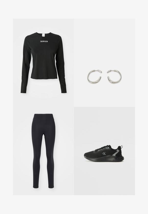 Black long-sleeve mesh top with crew neck, featuring white "CALVIN KLEIN" logo centered on the chest.; Black leggings made of stretchy material, featuring a high waistband, a smooth texture, and a slim, fitted design with no visible patterns.; Black low-top athletic sneaker with breathable mesh, lace-up design, textured sole, and "cK" logo on the side.; Silver hoop earrings with a smooth, rounded design and a sleek, polished finish. Features a minimalistic shape with a slight opening.