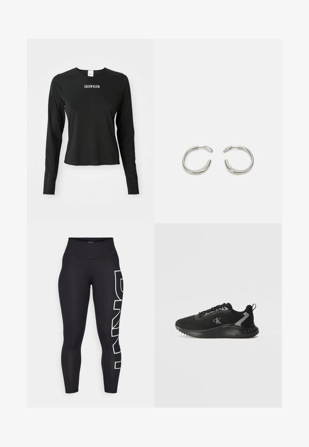 Sort langærmet mesh top med rund hals, med hvid "CALVIN KLEIN" logo centreret på brystet.; Sorte leggings lavet af strækbart stof med høj talje. Har et stort hvidt logo trykt lodret på venstre ben. Glat tekstur.; Sort lavtop sportsko med åndbart mesh, snørebåndsdesign, tekstureret sål og "cK" logo på siden.; Sølv hoops øreringe med et glat, afrundet design og en elegant, poleret finish. Har en minimalistisk form med en let åbning.