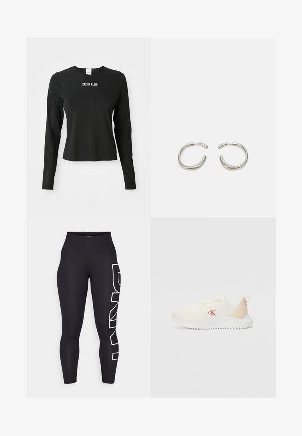 Black long-sleeve mesh top with crew neck, featuring white "CALVIN KLEIN" logo centered on the chest.; Black leggings made of stretchy fabric with a high waist. Features a large white logo printed vertically on the left leg. Smooth texture.; White mesh sneakers with a textured surface, light beige accents, a raised white sole, and a red "CK" logo on the side.; Silver hoop earrings with a smooth, rounded design and a sleek, polished finish. Features a minimalistic shape with a slight opening.