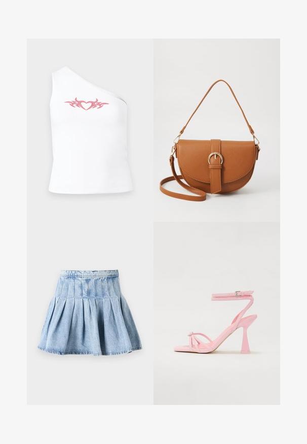 Top assimétrico branco sem mangas com um desenho tribal de coração rosa no peitoral; feito de um tecido de algodão macio e elástico.; Saia de ganga em azul claro, apresentando um design pregueado completo e uma faixa na cintura. O tecido tem uma textura subtil com detalhes de costura visíveis.; Sandálias de salto rosa com design entrelaçado e fivela no tornozelo. Apresenta um elemento decorativo na ponta e um design de salto moderno e afilado.; Bolsa transversal de couro castanho com um formato curvado, ferragens douradas e um detalhe de fivela. Inclui uma alça de ombro destacável.