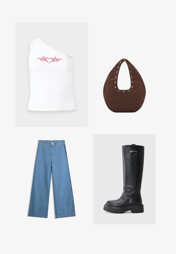 Asimetrična bela majica brez rokavov s pink tribal srčnim vzorcem na prsih; izdelana iz mehkega, raztegljivega bombažnega materiala.; Svetlo modri široki jean hlače iz denima, s zapiranjem na gumb, zankami za pas in subtilnimi šivi.; Visoke črne usnjene škornje s zaobljenim nosom, debelim platformastim podplatom in teksturirano površino. Imajo logo in zanko na hrbtu.; Rjava torba z ukrivljeno obliko, opremljena z velikim izrezanim ročajem, okrašenim s srebrnimi zakovkami ob robu. Narejena iz mehkega blaga.