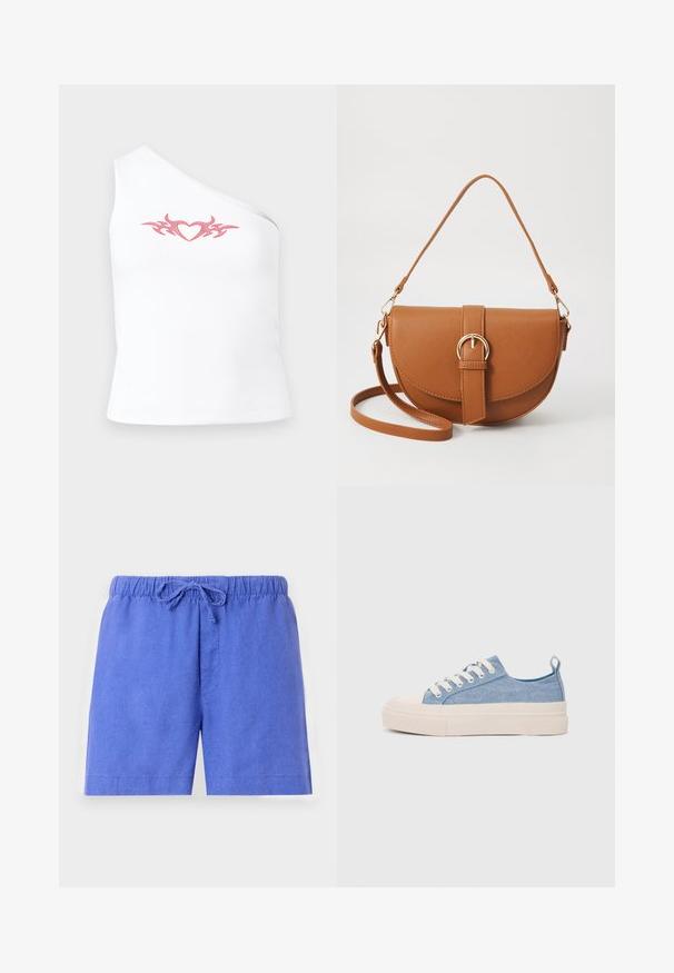 Asymmetrisk hvid ærmeløs top med et pink tribal hjerte-design over brystet; lavet af blødt, strækbart bomuldsstof.; Blå shorts lavet af et let materiale, med en elastisk talje med snøre og en enkelt frontlomme.; Lyseblå lærredssneakers med en cremefarvet gummitåhætte og sål, udstyret med hvide snørebånd og en træksløjfe på hælen.; Brun læder crossbody taske med en buet form, guldfarvet hardware og en spændeaccent. Har en aftagelig skulderrem.