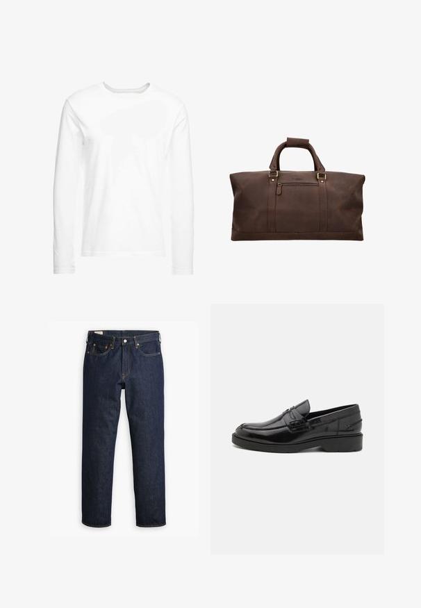 Dugi rukav bijela majica napravljena od mekog pamuka. Okrenuti dekolte s ravnim rubovima i bez vidljivih uzoraka ili grafike.; Tamno plavi traperice ravnog kroja, s pet džepova, vidljivim šavovima i klasičnim dugmetom za zakopčavanje.; Crne kožne mokasine s glatkom površinom, zaobljenim vrhom, niskom petom i dekorativnim šavovima uz prednji dio. Gumeni potplat za prianjanje.; Smeđa kožna torba s dvostrukim naručkama, prednja zip džep i pojačani šavovi na bijeloj pozadini.