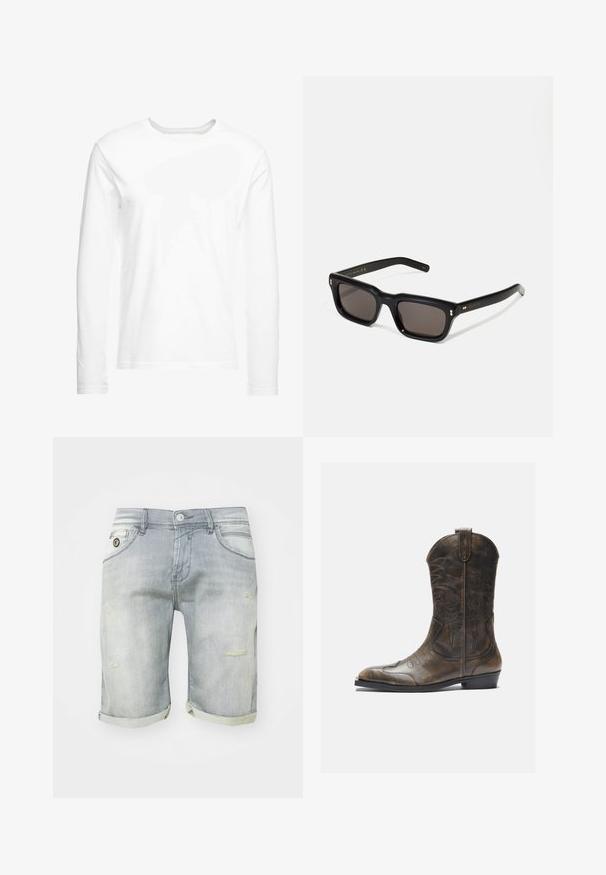 T-shirt blanc à manches longues en coton doux. Encolure ronde avec des ourlets droits et sans motifs ni graphiques visibles.; Shorts en denim bleu clair avec un délavage usé, des revers roulés, des poches avant et des détails déchirés sur la cuisse. Fermeture à bouton à la taille.; Botte de cow-boy en cuir marron avec un long tige, un bout pointu, des motifs de couture complexes et un petit talon. Finition texturée tout au long.; Lunettes de soleil noires rectangulaires avec des verres foncés, monture en plastique épais, accents dorés sur les branches et logo de la marque gravé sur le bras.