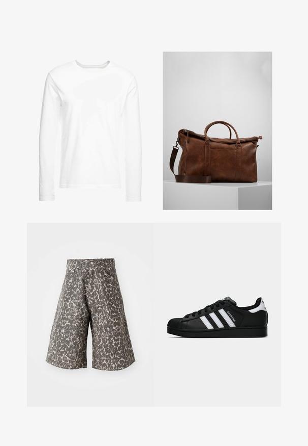T-shirt blanc à manches longues en coton doux. Encolure ronde avec des ourlets droits et sans motifs ni graphiques visibles.; Shorts en imprimé camouflage dans des teintes de gris et de beige. Fabriqués en tissu texturé, ils présentent un design classique à cinq poches et une fermeture à bouton en métal.; Baskets Adidas Superstar noires avec rayures blanches, bout en coque, et texte "Superstar" sur le côté, montrées en profil sur fond blanc.; Sac de voyage en cuir marron avec fermeture éclair, doubles poignées, bandoulière réglable et motifs de texture visibles sur la surface.