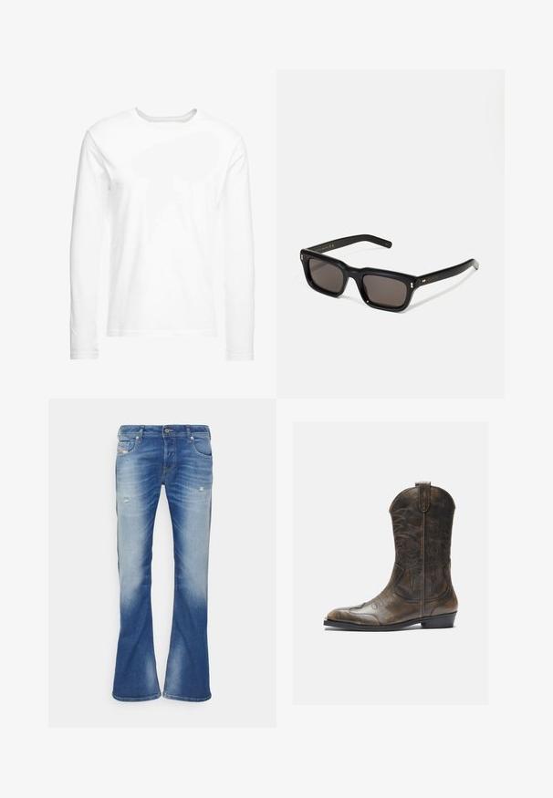 T-shirt bianca a maniche lunghe realizzata in morbido cotone. Collo a girocollo con orli dritti e senza motivi o grafiche visibili.; Jeans a gambale bootcut in blu sbiadito con leggeri strappi sulle cosce anteriori e design classico a cinque tasche su sfondo bianco.; Stivale da cowboy in pelle marrone con gambale alto, punta affusolata, motivi di cucitura intricati e tacco basso. Finitura testurizzata in tutto lo stivale.; Occhiali da sole neri rettangolari con lenti scure, montatura spessa in plastica, dettagli dorati sulle tempie e logo del marchio inciso sull'asta.