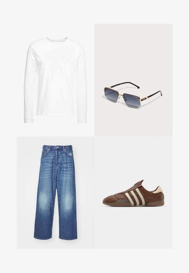 Garā piedurkņu balta T-krekls, kas izgatavots no mīksta kokvilnas. Apaļa kakla izgriezuma forma ar taisnām apakšmalām un bez redzamām rakstiem vai grafikas.; Platas kājas zila denim auduma džinsi ar izbalējušu mazgāšanu, piecām kabatām un pogas aizdari. Gluda tekstūra ar smalku izbalējumu ceļgala zonā.; adidas Originals TAEKWONDO MEI - Mokasīni - preloved brown/cream white; Carrera Saulesbrilles - gold-coloured/black