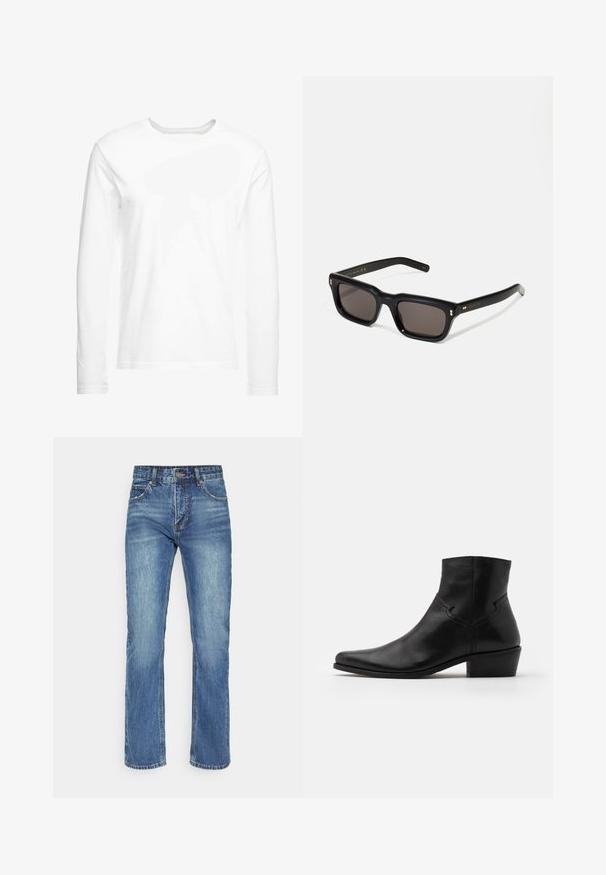 Pikad varrukad valge t-särk, mis on valmistatud pehmest puuvillast. Ümmargune kaelus, sirge lõikega ääred ning ilma nähtavate mustrite või graafikateta.; Sinine denimist teksapüksid otse sääre disainiga, millel on lukuga põhja, nupuga sulgemine ja viis taskut, näidates kulunud pesu.; Mustad musta nahast pahkluu saapad terava varbaga, minimaalsed õmbluse detailid, keskmise kõrgusega plokk konts ja sile, poleeritud viimistlus.; Mustad mustakorruselised prillid tumedate läätsedega, paks plastikraam, kuldsed aksendid templites ning kaubamärgi logo graveeritud käe lilla.