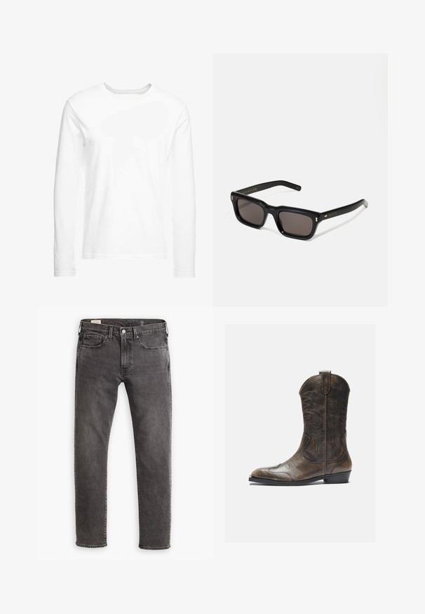 Camiseta blanca de manga larga hecha de algodón suave. Cuello redondo con dobladillos rectos y sin patrones ni gráficos visibles.; Jeans de mezclilla gris con corte recto, diseño de cinco bolsillos y cierre de botón. Presenta un ligero desgaste y costuras tonal a lo largo.; Bota de cowboy de cuero marrón con un caña alta, puntera puntiaguda, patrones de costura intrincados y un tacón pequeño. Acabado texturizado en toda la bota.; Gafas de sol rectangulares negras con lentes oscuros, marco de plástico grueso, acentos dorados en las patillas y logotipo de la marca grabado en el brazo.