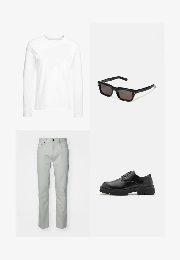 Pikad varrukad valge t-särk, mis on valmistatud pehmest puuvillast. Ümmargune kaelus, sirge lõikega ääred ning ilma nähtavate mustrite või graafikateta.; Heledad hall hallid püksid otse lõikega, millel on ees taskud, tõmblukk ja metallne nupukinnitus. Sile tekstuur, minimaalne disain.; Mustad mustad nahast jalanõud, millel on ümardatud varvas, paeltega disain ja paks, tekstuuriga kummitald. Omab äärte pikeeringut ja siledat viimistlust.; Mustad mustakorruselised prillid tumedate läätsedega, paks plastikraam, kuldsed aksendid templites ning kaubamärgi logo graveeritud käe lilla.