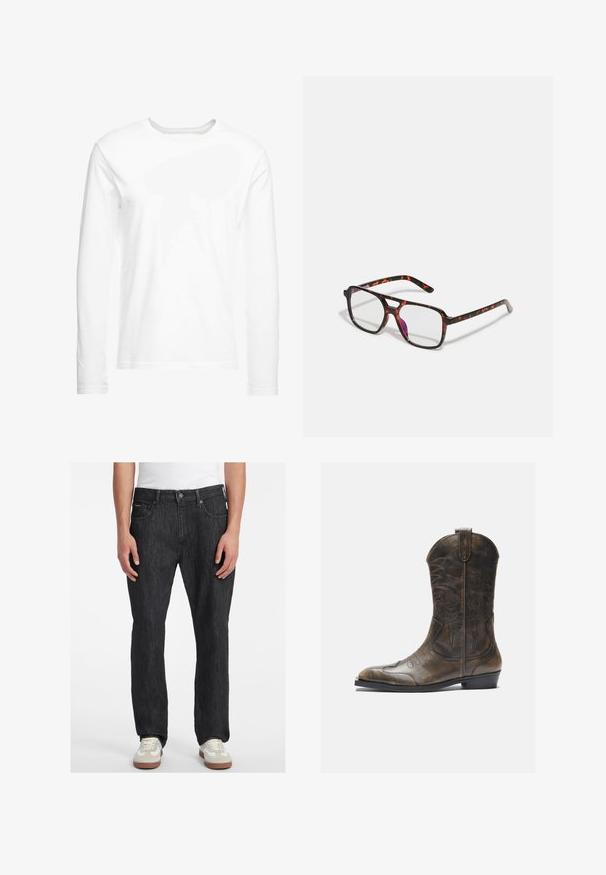 Ilga rankovė balta marškinė, pagaminti iš minkštos medvilnės. Apvalus iškirpimas, tiesūs kraštai ir jokių matomų raštų ar grafikų.; Juodi džinsai su tiesiu kirpimu, su priekiniais mygtukais, penkiais kišenėmis ir subtiliais siuvinėjimo akcentais. Dėvimi su sportbačiais.; Rudos odinės kaubojų botai su aukšta ašimi, smailiu pirštu, sudėtingomis siuvimo raštais ir mažu kulnu. Tekstūruotas paviršius visame ilgyje.; Negyvuotų raštų akiniai su stačiakampiais lęšiais, juodai-oranžinėmis rėmeliais, turintys blizgų apdailą ir lieknas šventyklas.