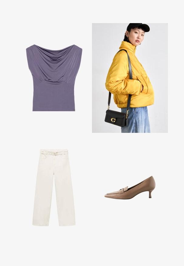 Fioletowy dopasowany top z drapowanym dekoltem, krótkimi rękawami i marszczonym teksturem, wykonany z miękka, elastycznego materiału dla komfortu.; Szerokie, kremowe spodnie wykonane z bawełny. Posiadają pasek w talii, zamek błyskawiczny oraz dwie przednie kieszenie. Gładka tekstura, minimalne przeszycia.; Beżowe skórzane szpilki w szpic z małym obcasem, z ozdobnym paskiem i klamrą na wierzchu. Gładka faktura, elegancki design.; Żółta pikowana kurtka z wysokim kołnierzem i przednią kieszenią, połączona z czarną torbą na ramię z złotymi akcentami. Luźne dżinsowe spodnie.