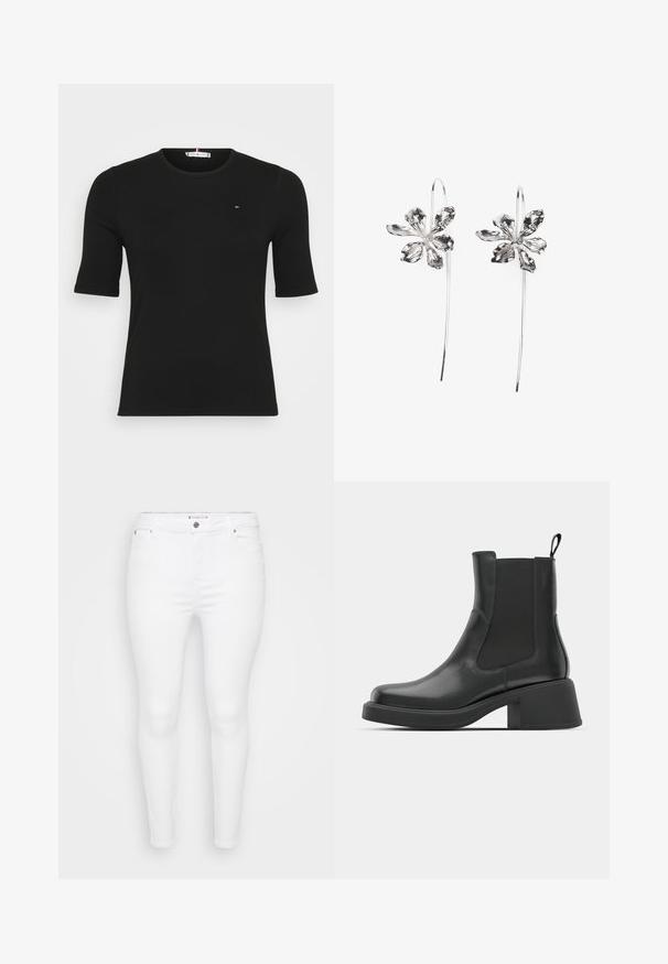Must mustriba lühikeste varrukatega topp, millel on ümar kaelus ja väike logo rinnal, asetatud lihtsalt valgele taustale.; Valged kitsad teksad, mis on valmistatud siledast denimist, esiküljel nupuga kinni ja vöökohal vööaasad. Ainult ühtlane pind, ilma nähtavate mustrite või aktsendideta.; Mustad nahast ankle boots elastsete külgpaneelidega, ümar varvas ja paks plokk kõrgus. Sile tekstuur ja minimalistlik disain.; Hõbedased lillekujulised kõrvarõngad tekstureeritud viimistlusega, pikal konksul ja kroonlehtedetaoliste detailidega, moodustades keeruka disaini.