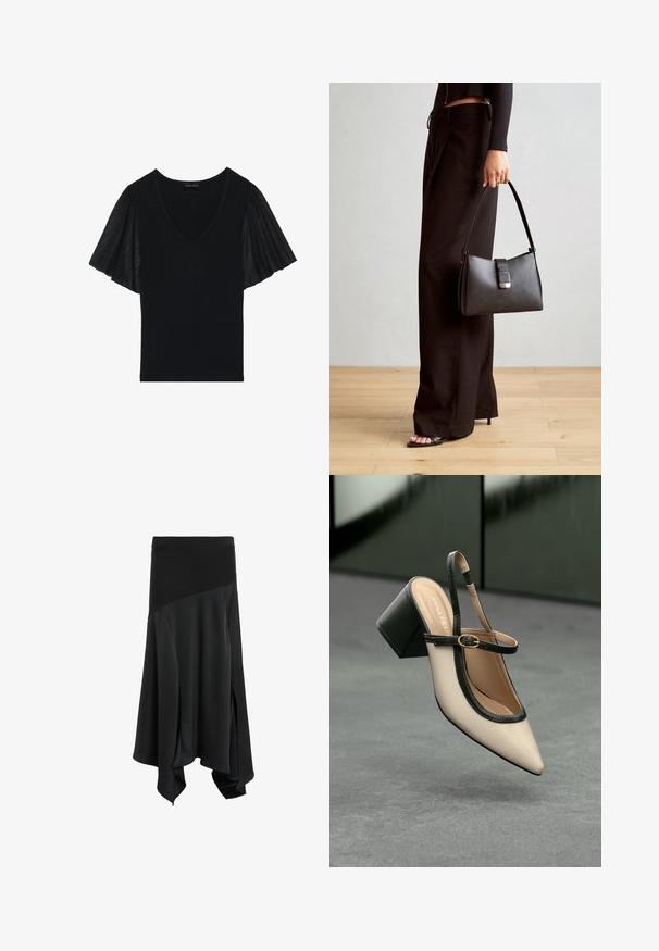 Zwarte top met een V-hals en fladdermouwen van doorschijnend materiaal. Het hoofdgedeelte heeft een effen textuur, met accentueerde mouwdetails.; Zwarte asymmetrische rok met een soepele textuur, voorzien van een brede elastische tailleband en zijsplitten voor extra beweging en flow.; Beige puntige slingback schoen met zwarte rand, gouden gesp en een chunky blokhak op een grijze vloer met een donker groene achtergrond.; Zwarte handtas met gestructureerde vorm, gladde textuur en een metalen sluiting. Gecombineerd met brede zwarte broeken en sandalen met open teen op een houten vloer.