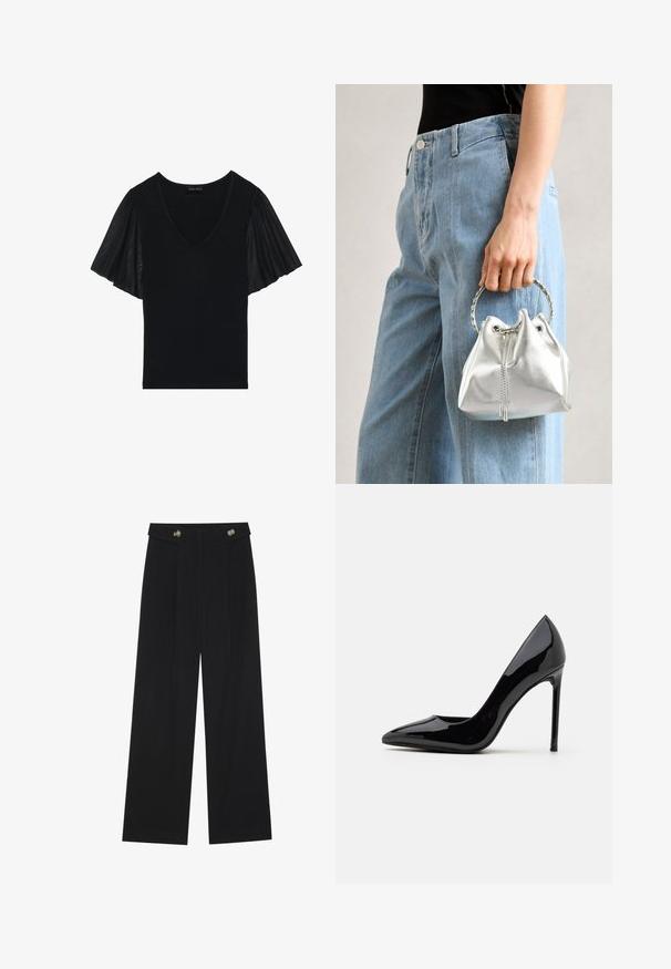Haut noir avec un col en V et des manches flottantes en tissu transparent. Le corps principal est en texture unie, avec des détails accentués au niveau des manches.; Pantalons larges noirs à taille haute, avec des détails de boutons à la taille et des plis sur le devant.; Call it Spring MESMERIZE - Escarpins - other black; Sac en seau argent métallique avec une finition texturée, orné d'une poignée ronde en argent et d'une fermeture à cordon, tenu contre un jean bleu clair.; Quatre bagues en argent de designs variés : bande torsadée, courbes superposées, cristaux délicats et une bande lisse avec de petits accents.