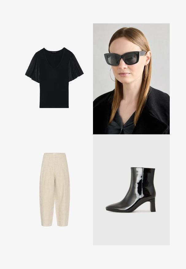 Melnas blūzes ar V-veida kakla izgriezumu un vieglām piedurknēm, kas izgatavotas no caurspīdīga auduma. Galvenā daļa ir viendabīgā tekstūrā, ar izceltiem piedurkņu dizaina elementiem.; Bežu lina bikses ar brīvu piegriezumu, ar krokām viduklī, īsu garumu un teksturētu, audumu ar aušanu.; Melnas patentētas ādas potīšu zābaki ar norādītu pirkstu un vidēja augstuma kvadrātveida papēdi. Gluda tekstūra un minimālisma dizains.; Melna kaķa acs saulesbrilles ar tumšiem objektīviem, bieziem rāmjiem un smalkiem akcentiem. Valkātas ar melnu mēteļi un pelēku augšu, ar garām taisnām matiem.