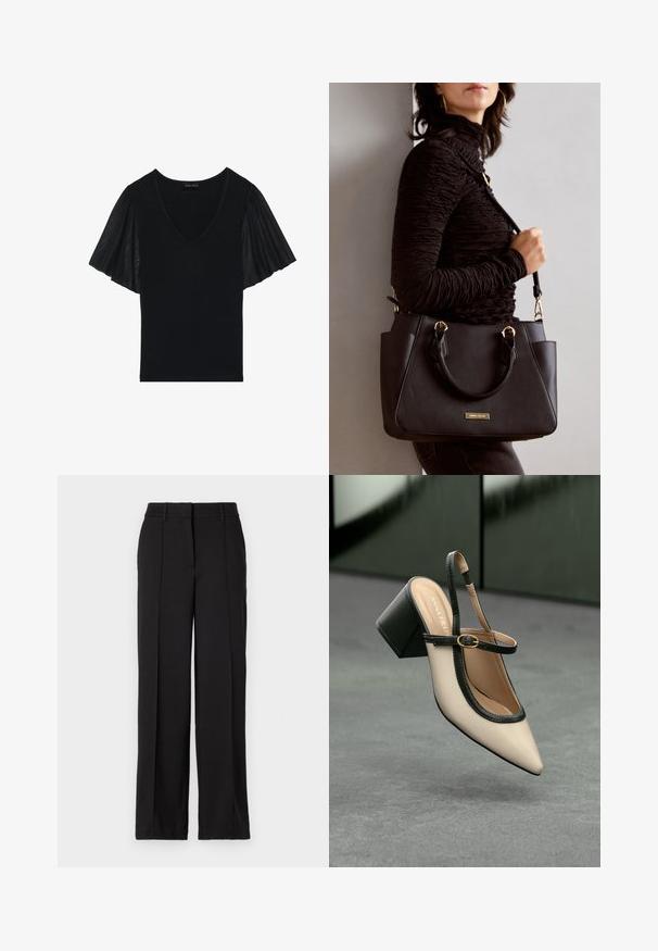 Top preto com decote em V e mangas flutuantes feitas de tecido transparente. O corpo principal é de textura sólida, com detalhes acentuados nas mangas.; Calças pretas com um design de perna reta, apresentando dois pregas frontais, um cós e sem bolsos ou adornos visíveis.; Sandal de biqueira pontuda em bege com acabamento preto, fivela dourada e um salto bloco sólido, em um chão cinza com fundo verde escuro.; Bolsa preta com superfície texturizada, alças superiores duplas e alça de ombro ajustável. Apresenta ferragens em tom dourado e bolsos laterais.