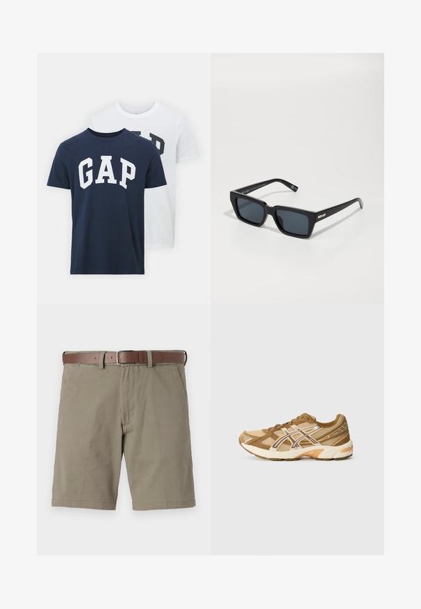 Deux t-shirts de GAP ; un bleu marine avec le logo "GAP" blanc, l'autre blanc avec le logo "GAP" vert foncé. Fabriqués en coton, au design à col rond.; Chemise en denim, bleu clair, manches longues, avec boutons à l'avant, col, poche poitrine unique, ourlet droit, texture subtile, design décontracté.; Shorts beiges à coupe décontractée, fabriqués en coton. Présentent une ceinture en cuir marron, des poches avant et une finition d'ourlet propre.; Chaussure de sport brun clair avec une tige en mesh, des superpositions synthétiques et une semelle rembourrée. Dispose d'un logo latéral réfléchissant et d'un système de laçage.; Lunettes de soleil noires carrées avec des verres foncés, présentant des montures en plastique épais et un accent métallique sur les branches. Design plat et texture lisse.; Sac de voyage en suède marron foncé avec des poignées en cuir et une sangle réglable pour l'épaule, dotée d'une fermeture zippée sur le dessus.