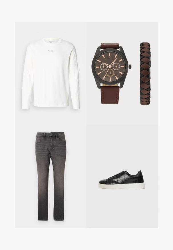 Hosszú ujjú fehér pamut póló. Jellemzője a környak és a mellkason középre helyezett kis fekete logófelirat. Puha textúra, laza dizájn.; TOM TAILOR JOSH - Egyenes szárú farmer - used dark stone black denim; Fekete sportcipő, amely texturált krokodilbőr felsőrésszel, kerek orral és sima felületű, kontrasztos fehér gumitalppal rendelkezik.; Pier One SET - Karóra - black/brown