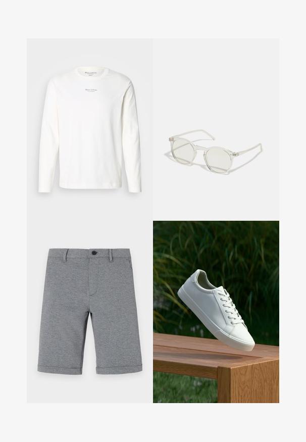 Dlhý rukáv bieleho bavlneného trička. Obsahuje okrúhly výstrih a malé čierne logo v strede na prsiach. Mäkká textura, neformálny dizajn.; Sivé šortky po kolená vyrobené z textúrovanej tkaniny s gombíkovým zapínaním, jednou prednou vreckom a pekne stiahnutými okrajmi.; Biele šnurovacie tenisky sa vznášajú nad drevenou lavicou so zeleným porastom v pozadí, predvádzajúc design a textúru topánok.; Kruhové slnečné okuliare s priehľadným rámom, svetlozelenými sklami a tenkými, priehľadnými stranami. Rám obsahuje jemné kovové akcenty.