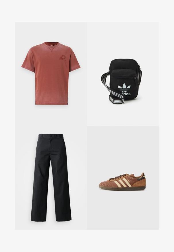 Trumpas rankovėmis marškinėliai su apvaliu kaklu iš išblukusios raudonos spalvos, pagaminti iš švelnios medvilnės, su subtiliu logotipu ant krūtinės ir matomomis siuvimo detalėmis.; Juodos plačios kojinės kelnės, pagamintos iš medvilnės. Su sagų uždarymu, dirželių kilpomis ir šoninėmis kišenėmis. Lygus paviršius su pritaikytu kirpimu.; adidas Originals SAMBA UNISEX - Sportbačiai - preloved brown/sand strata/dark brown; Juodas audinio per petį nešiojamas krepšys su užtrauktuku, turintis baltą Adidas logotipą ir dryžuotą reguliuojamą diržą patogiam nešiojimui.