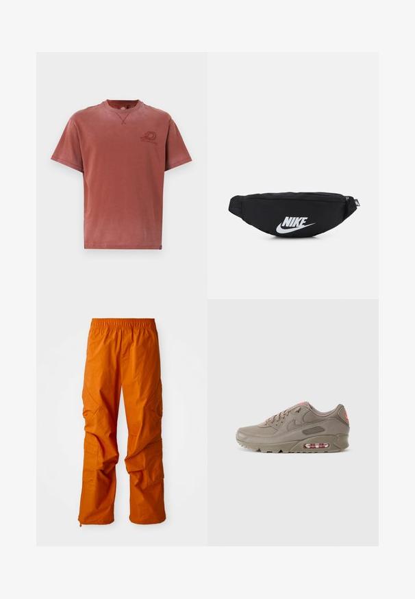 Kortermet t-skjorte med rund hals i falmet rustfarge, laget av myk bomull med en subtil logo trykt på brystet og synlige sømdetaljer.; Oransje cargo-bukser med elastisk midjebånd, som har sidelommer og en avslappet passform. Laget av lett stoff med en glatt tekstur.; Nike Air Max sneakers i lys brun, med lærmateriale, teksturerte overlegg, rosa detaljer og synlig luftdemping i sålen.; Svart nylon belteveske med glidelås, med en stor hvit Nike-logo. Jevn tekstur og ergonomisk design for komfortabel bruk.