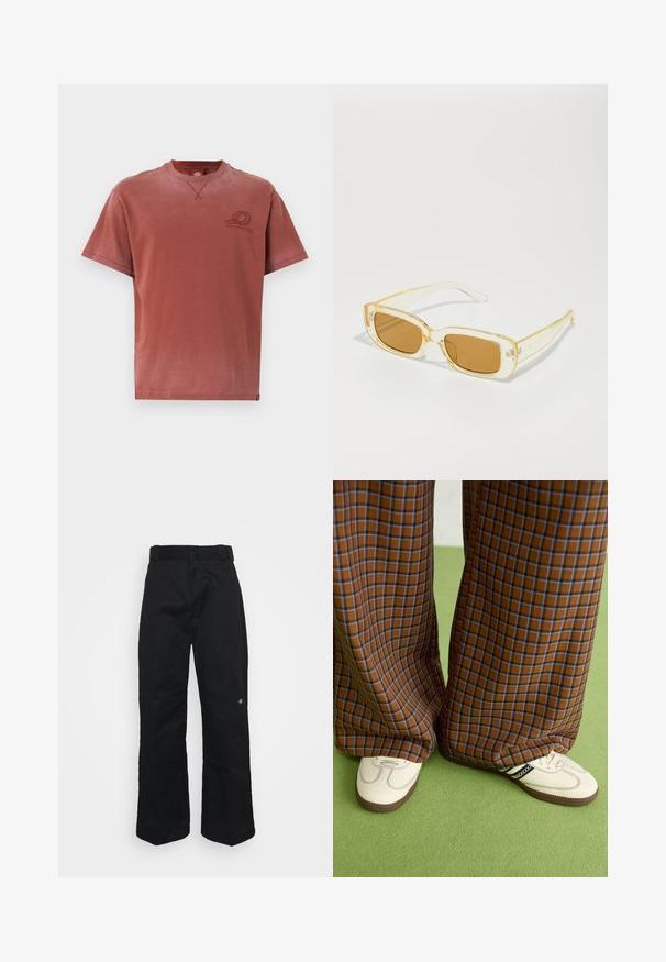 T-shirt κοντομάνικο με λαιμόκοψη σε ξεθωριασμένο χάλκινο χρώμα, φτιαγμένο από μαλακό βαμβάκι με λεπτή εκτύπωση λογότυπου στο στήθος και ορατές λεπτομέρειες ραφής.; Μαύρο παντελόνι με φαρδιά πόδια και λείο υφή, με κανονική ζώνη στη μέση και μικρό κεντητό λογότυπο κοντά στο δεξί πόδι.; Καφέ και μπλε καρό παντελόνια με φαρδιά πόδια, σε συνδυασμό με λευκά παπούτσια που έχουν μαύρες λεπτομέρειες και υφασμάτινες σόλες, τοποθετημένα σε πράσινο φόντο.; Ορθογώνια γυαλιά ηλίου με διάφανα κίτρινα πλαίσια και καφέ φακούς. Τα βραχίονες διαθέτουν λεπτή επωνυμία και απαλό, γυαλιστερό φινίρισμα.; Καφέ υφασμάτινη τσάντα χιαστί με φερμουάρ και μπροστινή τσέπη; φορεμένη πάνω από ένα γκρι και πορτοκαλί ριγέ μακρυμάνικο πουκάμισο με λογότυπο.