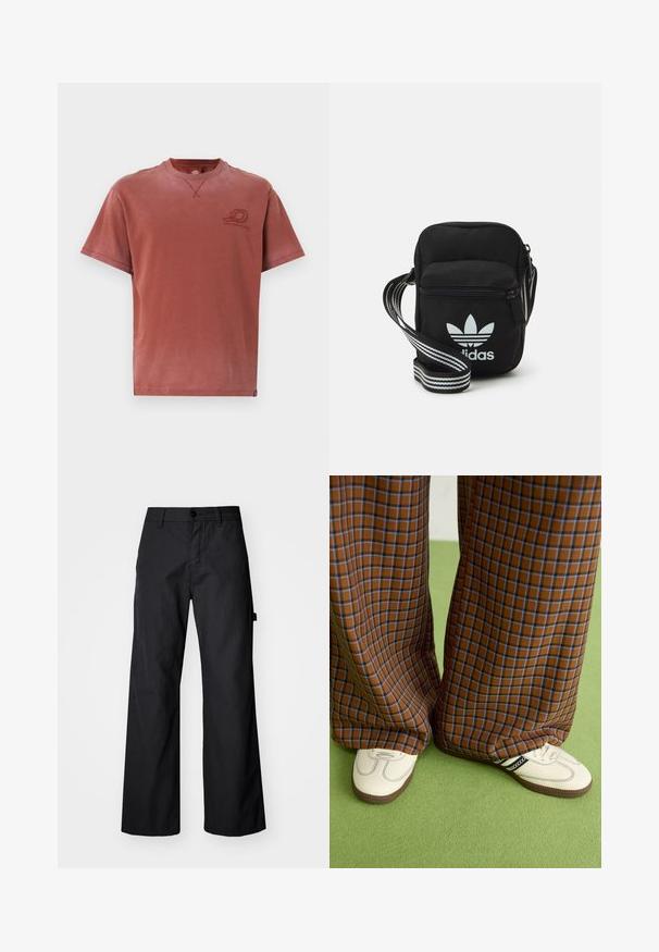 Kortermet t-skjorte med rund hals i falmet rustfarge, laget av myk bomull med en subtil logo trykt på brystet og synlige sømdetaljer.; Sorte, vide bukser laget av slitesterk stoff. Har knappelukking og sidelommer. Glatt tekstur med et rent design.; Brune og blå rutete vide bukser sammen med hvite sko med svarte detaljer og teksturerte såler, satt mot en grønn bakgrunn.; Svart stoff crossbody veske med glidelås, med en hvit Adidas-logo og enstripet justerbar stropp for enkel bæring.